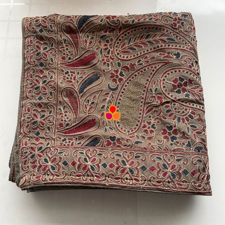 anokherang Dupattas Grey Ethnic Paisley Motif Kashmiri Silk Dupatta