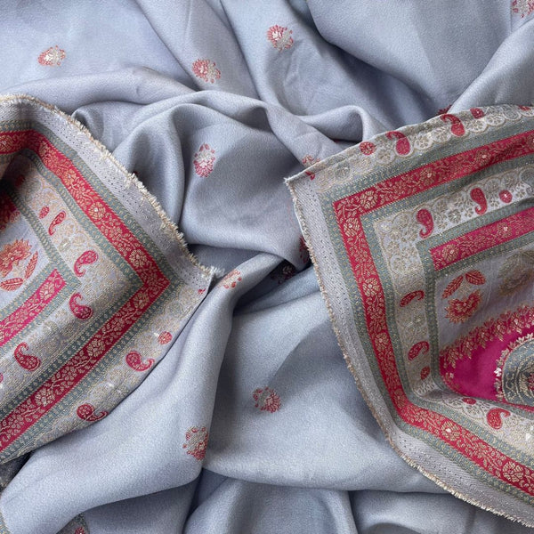 anokherang Dupattas Grey Pink Banarasi Silk  Paisley Dupatta