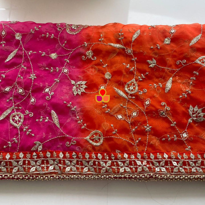 anokherang Dupattas Gulzaar Pink Orange Zari Hand-Embroidered Organza Dupatta