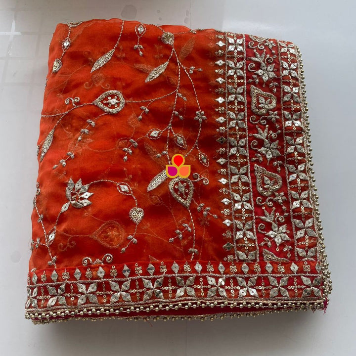 anokherang Dupattas Gulzaar Pink Orange Zari Hand-Embroidered Organza Dupatta