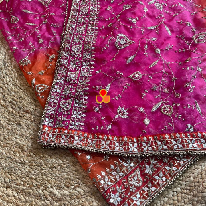 anokherang Dupattas Gulzaar Pink Orange Zari Hand-Embroidered Organza Dupatta