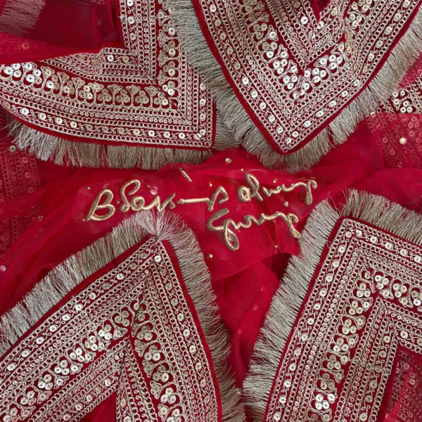 anokherang Dupattas Guru Ji Blessing Signature Red Queen Net Dupatta