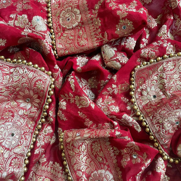 anokherang Dupattas Imperial Red Embroidered Banarasi Georgette Men's Stole