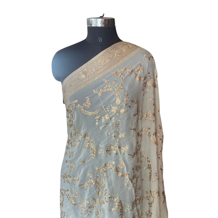 anokherang Dupattas Ivory Regal Zari Embroidered Chinnon Dupatta