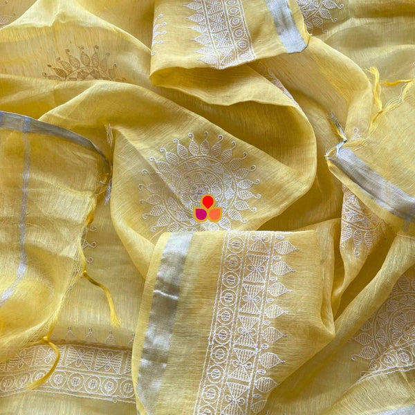 anokherang Dupattas Lemon Blossom Thread Embroidered Linen Dupatta