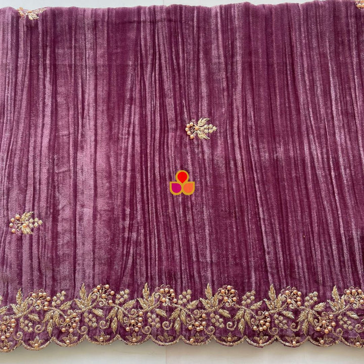 anokherang Dupattas Mauve Zari Embroidered Soft Crushed Velvet Scalloped Dupatta