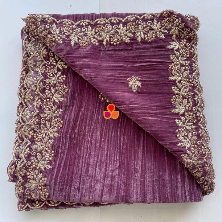 anokherang Dupattas Mauve Zari Embroidered Soft Crushed Velvet Scalloped Dupatta