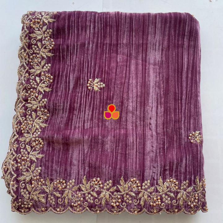 anokherang Dupattas Mauve Zari Embroidered Soft Crushed Velvet Scalloped Dupatta