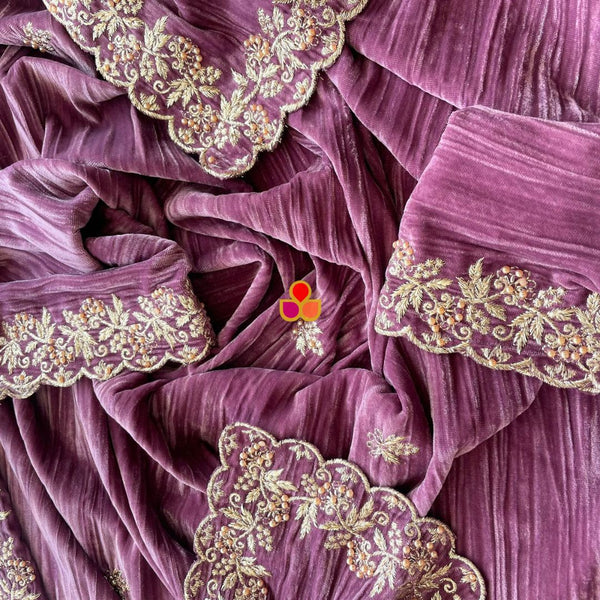 anokherang Dupattas Mauve Zari Embroidered Soft Crushed Velvet Scalloped Dupatta