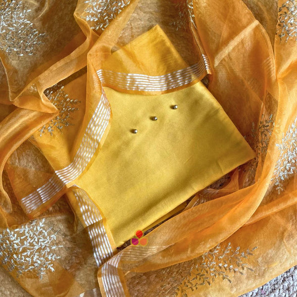 anokherang Dupattas Mustard Festive Silk Unstitched Suit with Mustard Organza Dupatta