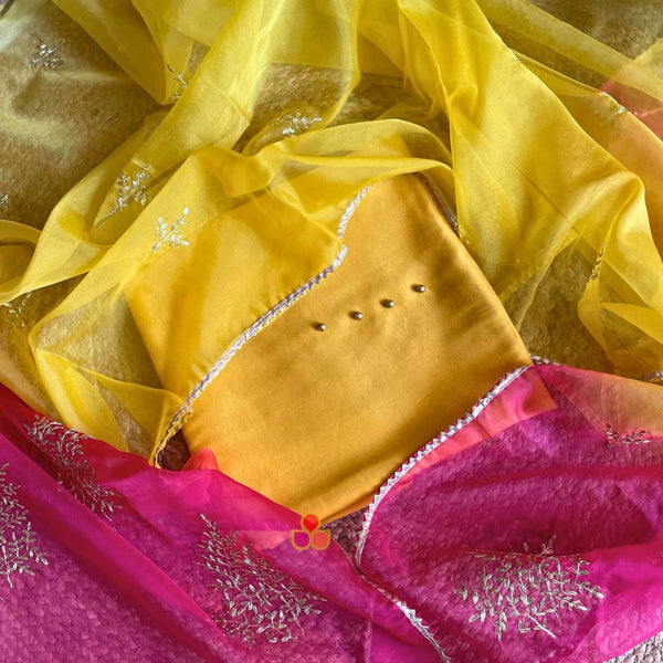 anokherang Dupattas Mustard Festive Silk Unstitched Suit with Pink Mustard Organza Dupatta