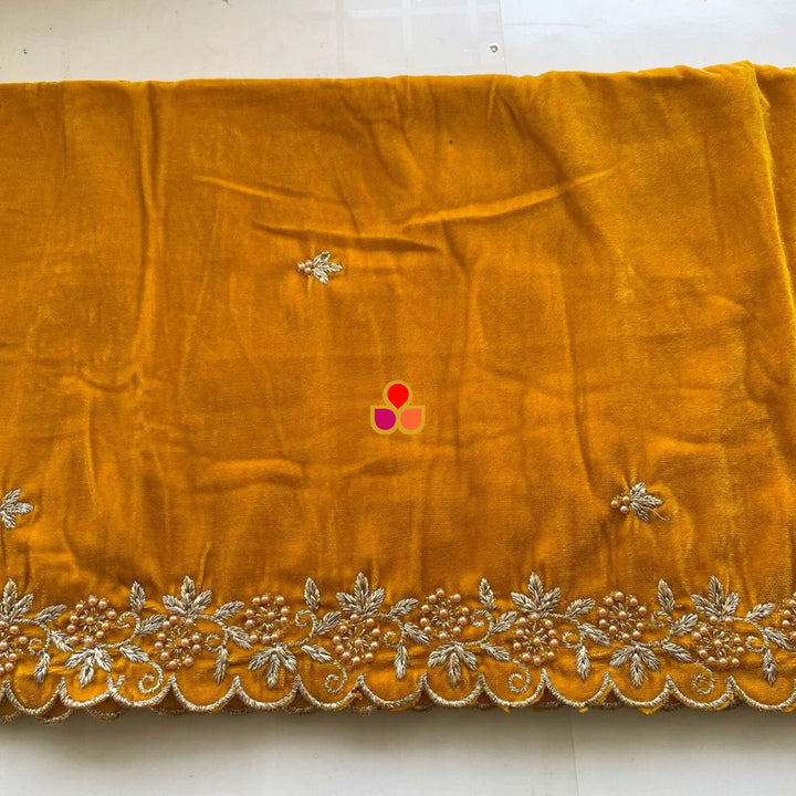 anokherang Dupattas Mustard Pearl  Zari Embroidered Soft Velvet Scalloped Dupatta