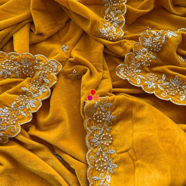 anokherang Dupattas Mustard Pearl  Zari Embroidered Soft Velvet Scalloped Dupatta