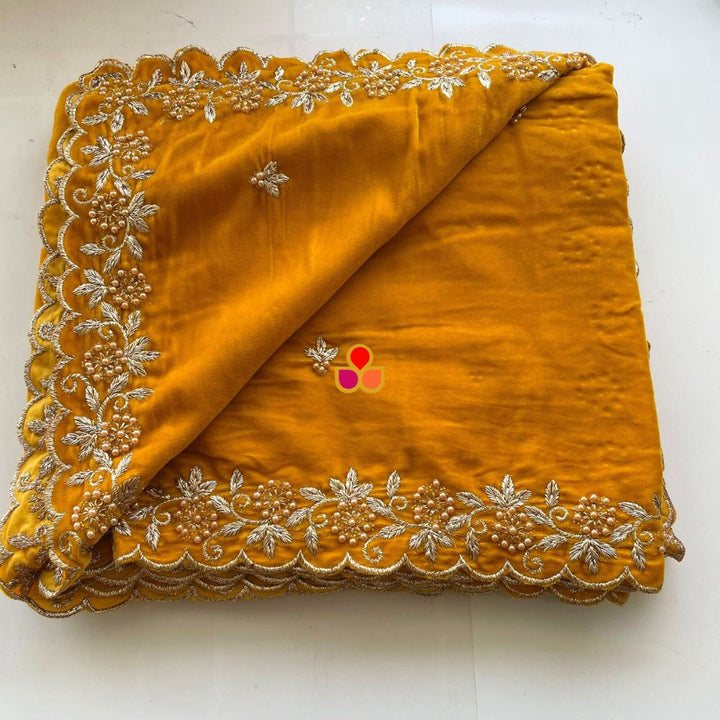 anokherang Dupattas Mustard Pearl  Zari Embroidered Soft Velvet Scalloped Dupatta