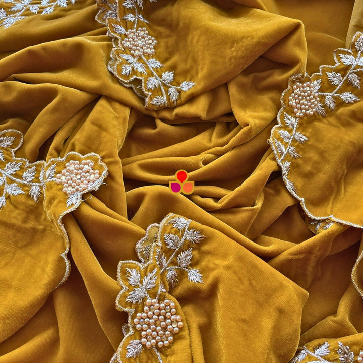 anokherang Dupattas Mustard Pearl  Zari Embroidered Soft Velvet Scalloped Dupatta