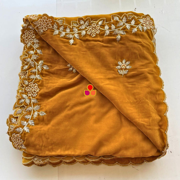 anokherang Dupattas Mustard Pearl  Zari Embroidered Soft Velvet Scalloped Dupatta