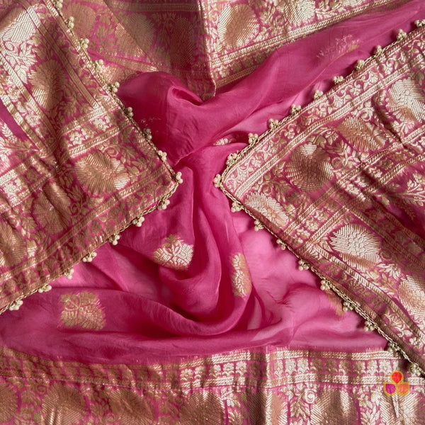 anokherang Dupattas Mystical Pink Flower Zari Embroidered Pearled Organza Dupatta