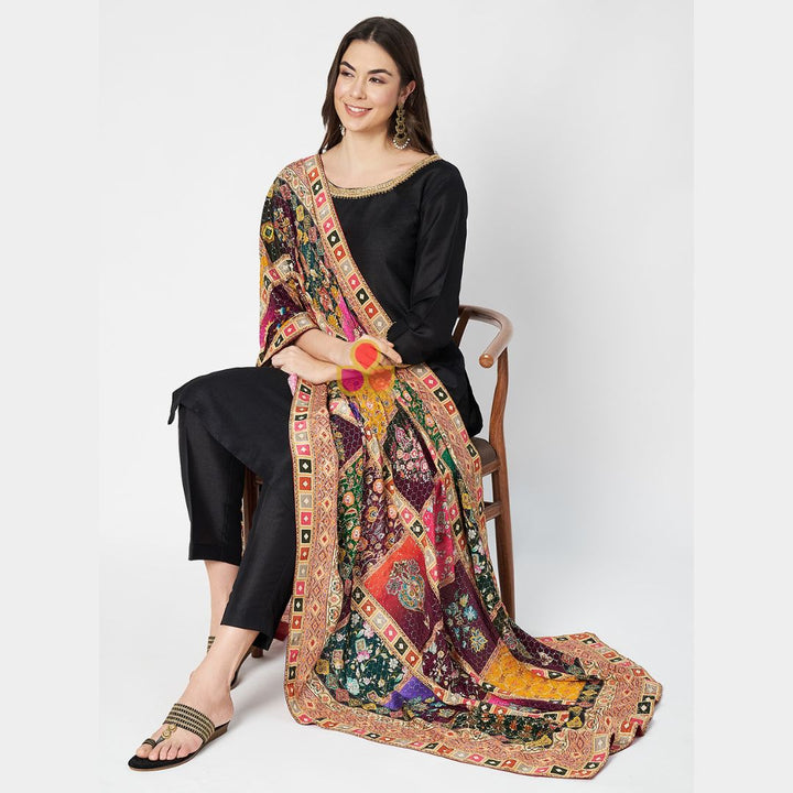 anokherang Dupattas Navratri Multicolor Floral Sequin Embroidered Chinnon Dupatta