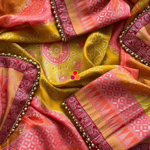 anokherang Dupattas Orange and Yellow Multicolor Banarasi Bandhej Dupatta