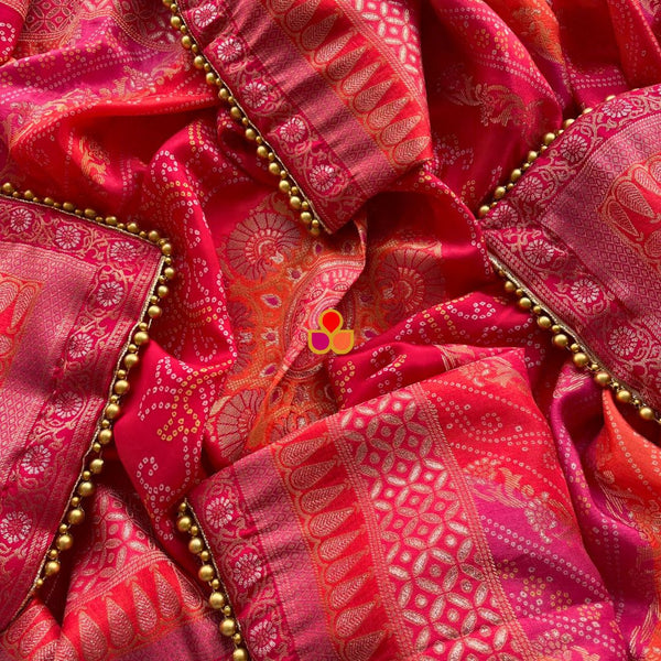 anokherang Dupattas Pink and Orange Multicolor Banarasi Bandhej Dupatta