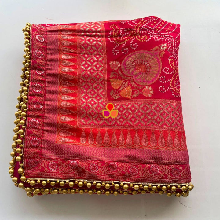 anokherang Dupattas Pink and Orange Multicolor Banarasi Bandhej Dupatta