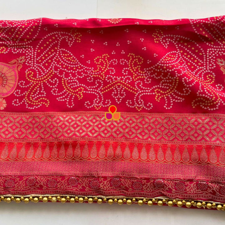 anokherang Dupattas Pink and Orange Multicolor Banarasi Bandhej Dupatta