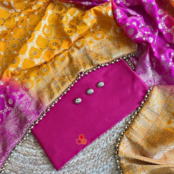 anokherang Dupattas Pink Meera Silk Unstitched Suit with Mustard & Pink Banarsi Dupatta