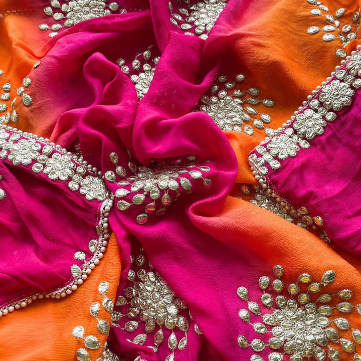 anokherang Dupattas Pink Orange Floral Gotta Chiffon Dupatta