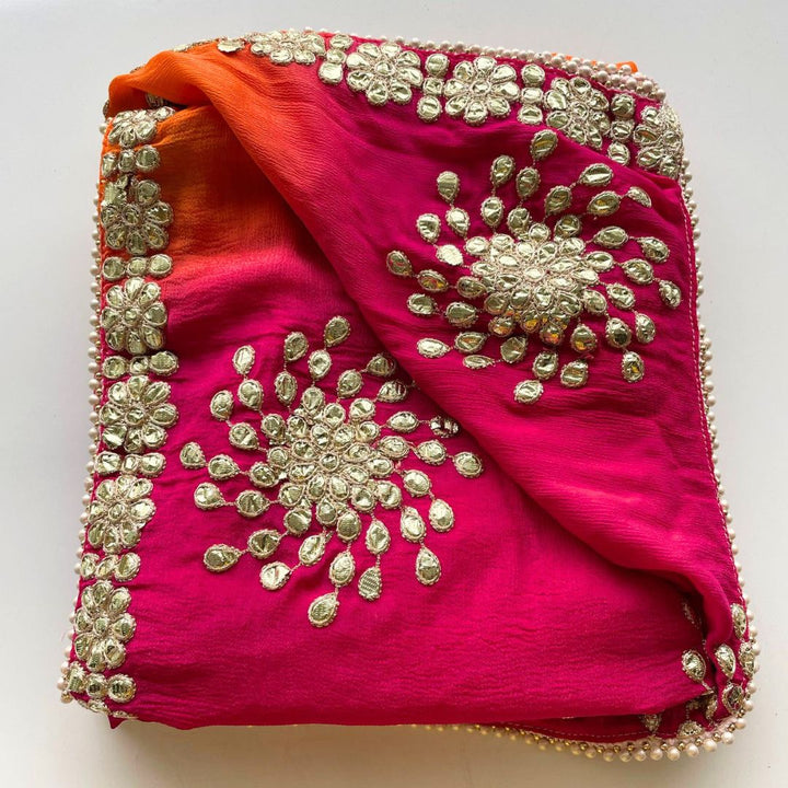 anokherang Dupattas Pink Orange Floral Gotta Chiffon Dupatta