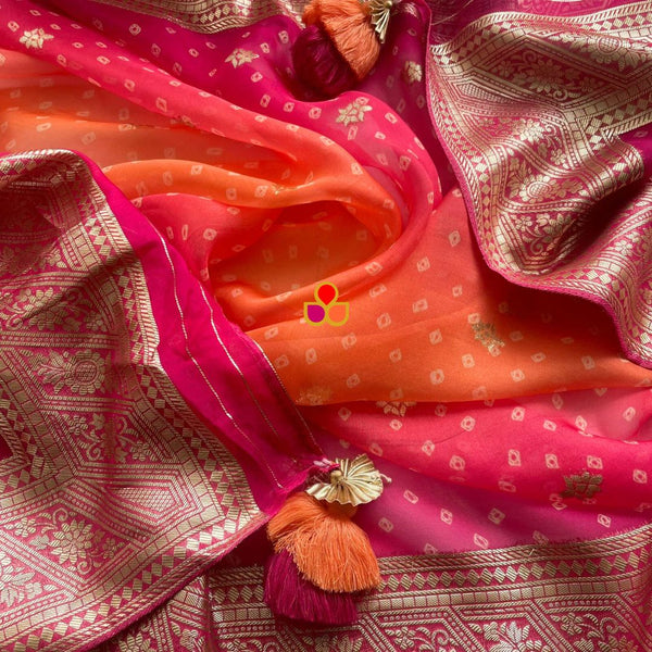 anokherang Dupattas Pink Orange Zari Bandhani Dupatta