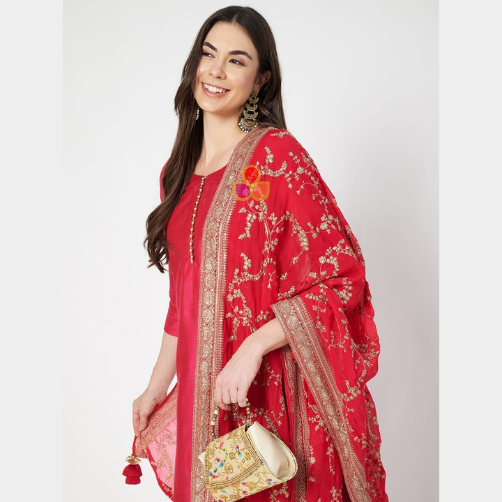 anokherang Dupattas Pink Regal Zari Embroidered Chinnon Dupatta