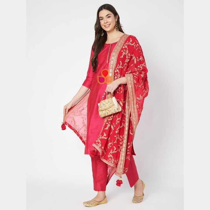 anokherang Dupattas Pink Regal Zari Embroidered Chinnon Dupatta