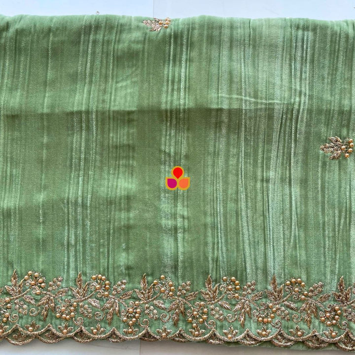 anokherang Dupattas Pista Green Zari Embroidered Soft Crushed Velvet Scalloped Dupatta