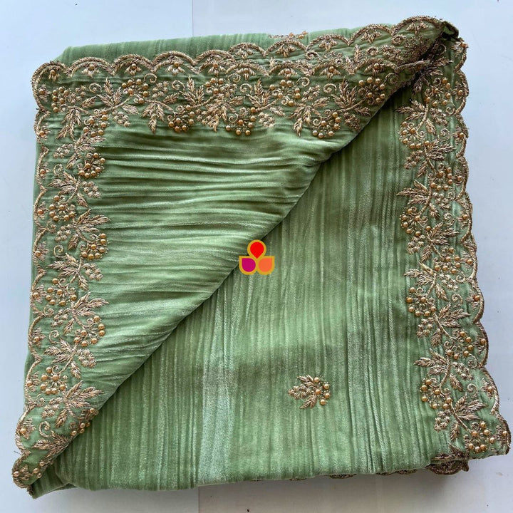 anokherang Dupattas Pista Green Zari Embroidered Soft Crushed Velvet Scalloped Dupatta