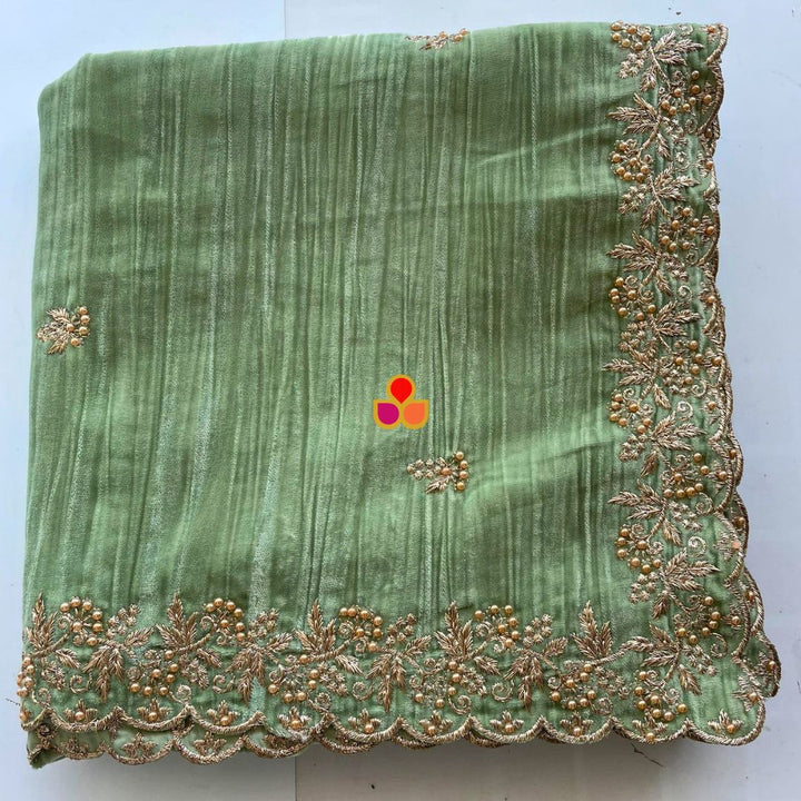 anokherang Dupattas Pista Green Zari Embroidered Soft Crushed Velvet Scalloped Dupatta