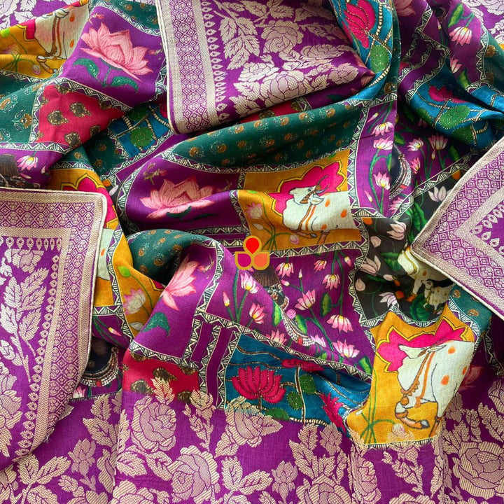 anokherang Dupattas Purple Printed Silk Zari Dupatta