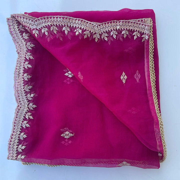 anokherang Dupattas Raspberry Pink Delight Zari Embroidered Organza Dupatta