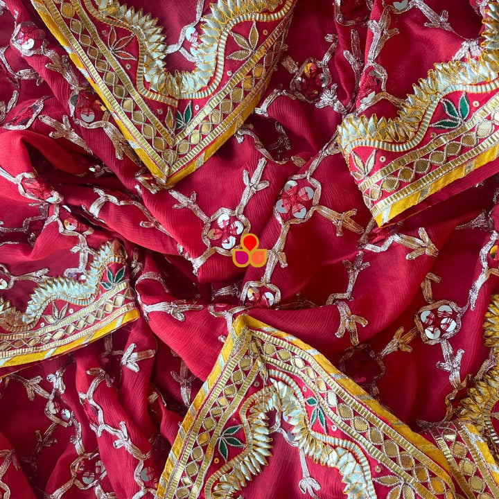 anokherang Dupattas Red Bani Thani Floral Gotta Patti Dupatta