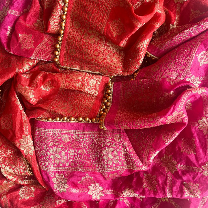 anokherang Dupattas Red Pink Meera Festive Banarasi Silk Dupatta