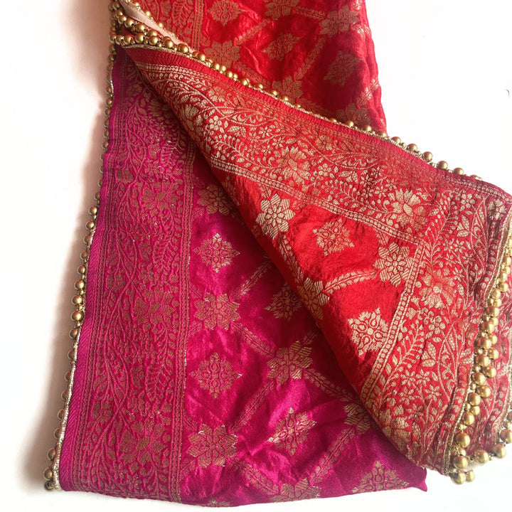 anokherang Dupattas Red Pink Meera Festive Banarasi Silk Dupatta