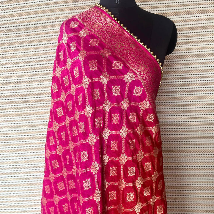 anokherang Dupattas Red Pink Meera Festive Banarasi Silk Dupatta