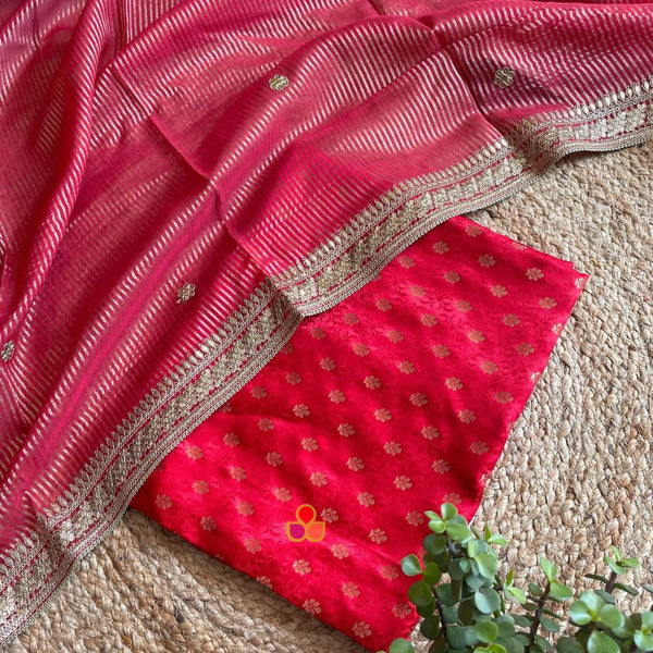 anokherang Dupattas Red Shahiba Silk Unstitched Suit with Tissue Dupatta