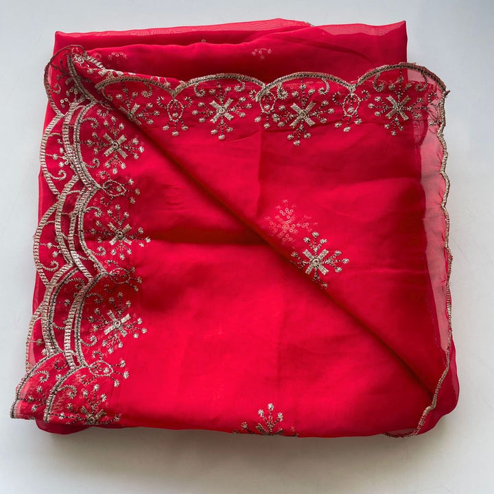 anokherang Dupattas Red Sparkle Zari Scalloped Organza Dupatta