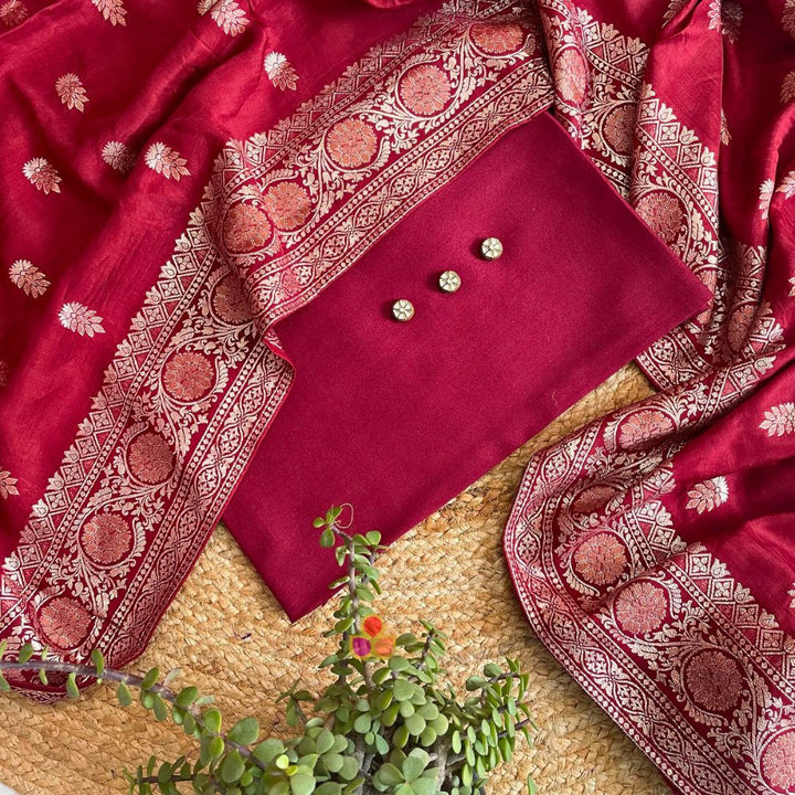 anokherang Dupattas Ruby Maroon Silk Unstitched Suit with Silk Dupatta