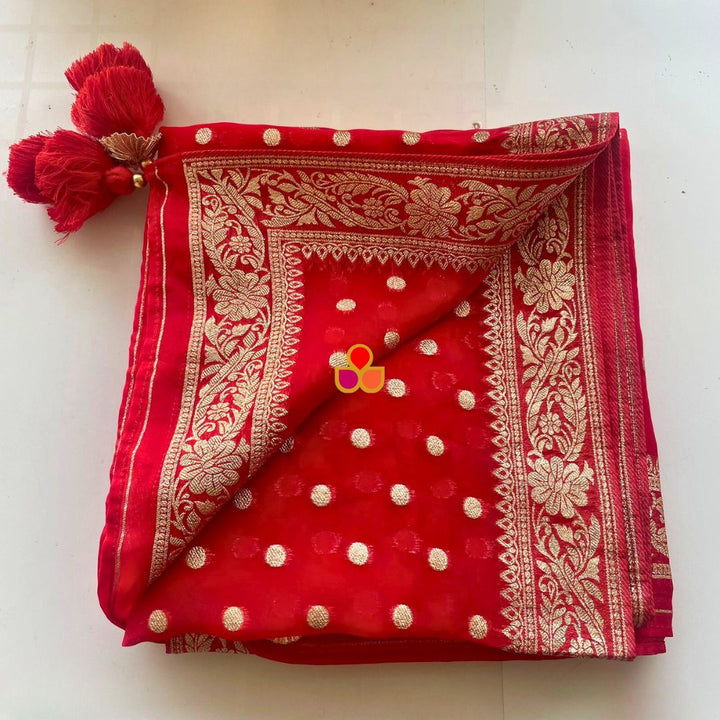 anokherang Dupattas Ruby Red Banarasi Silk Dupatta