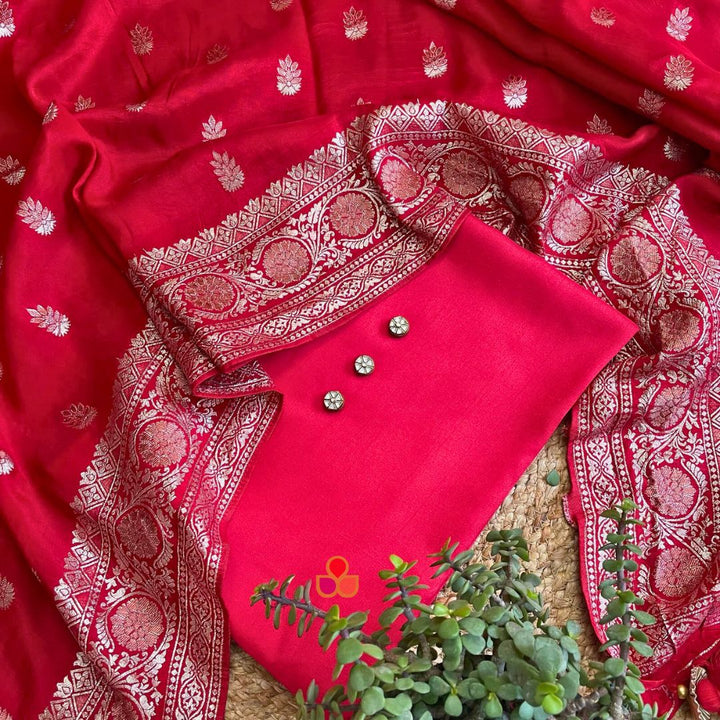 anokherang Dupattas Ruby Red Silk Unstitched Suit with Silk Dupatta