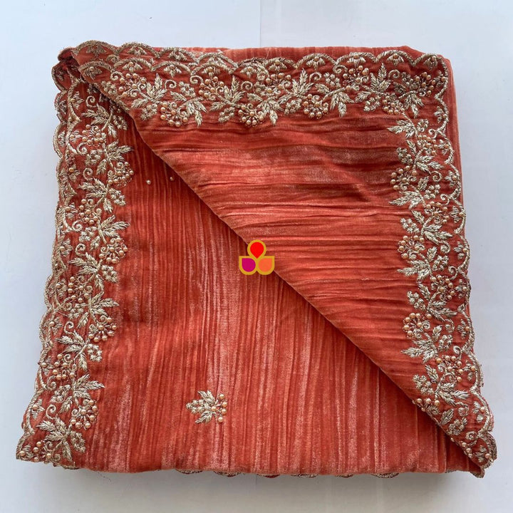 anokherang Dupattas Rust Zari Embroidered Soft Crushed Velvet Scalloped Dupatta