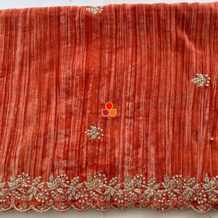 anokherang Dupattas Rust Zari Embroidered Soft Crushed Velvet Scalloped Dupatta