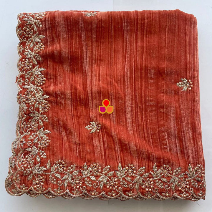 anokherang Dupattas Rust Zari Embroidered Soft Crushed Velvet Scalloped Dupatta