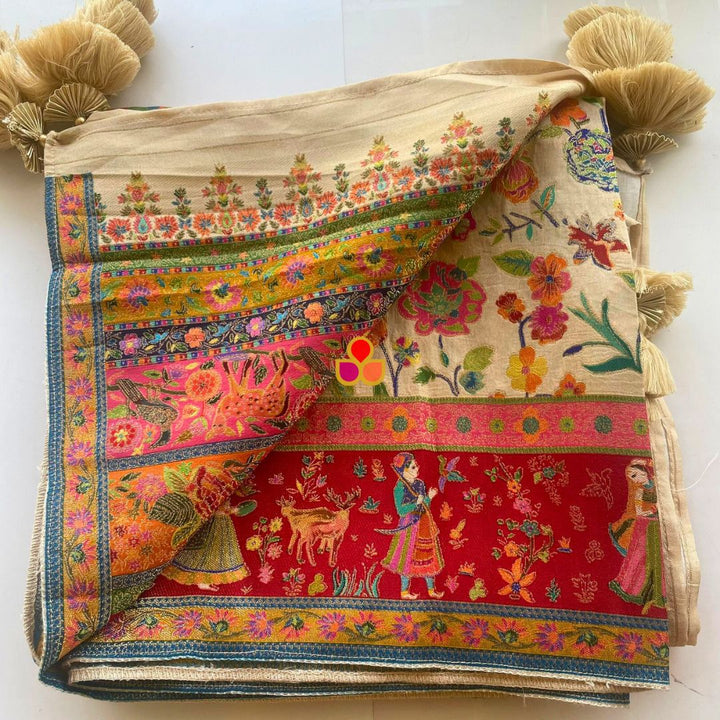 anokherang Dupattas Shahi Beige Gold Multicolor Threadwork Embroidered Silk Dupatta